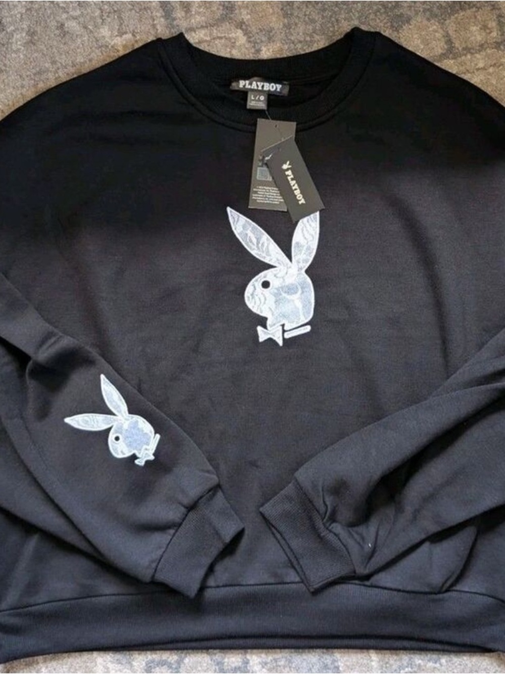 🔥🔥🔥🔥PLAYBOY😍 Black Sweatshirt with White LACE / EMBROIDERED Bunny Prints🔥🔥🔥🔥🔥🔥